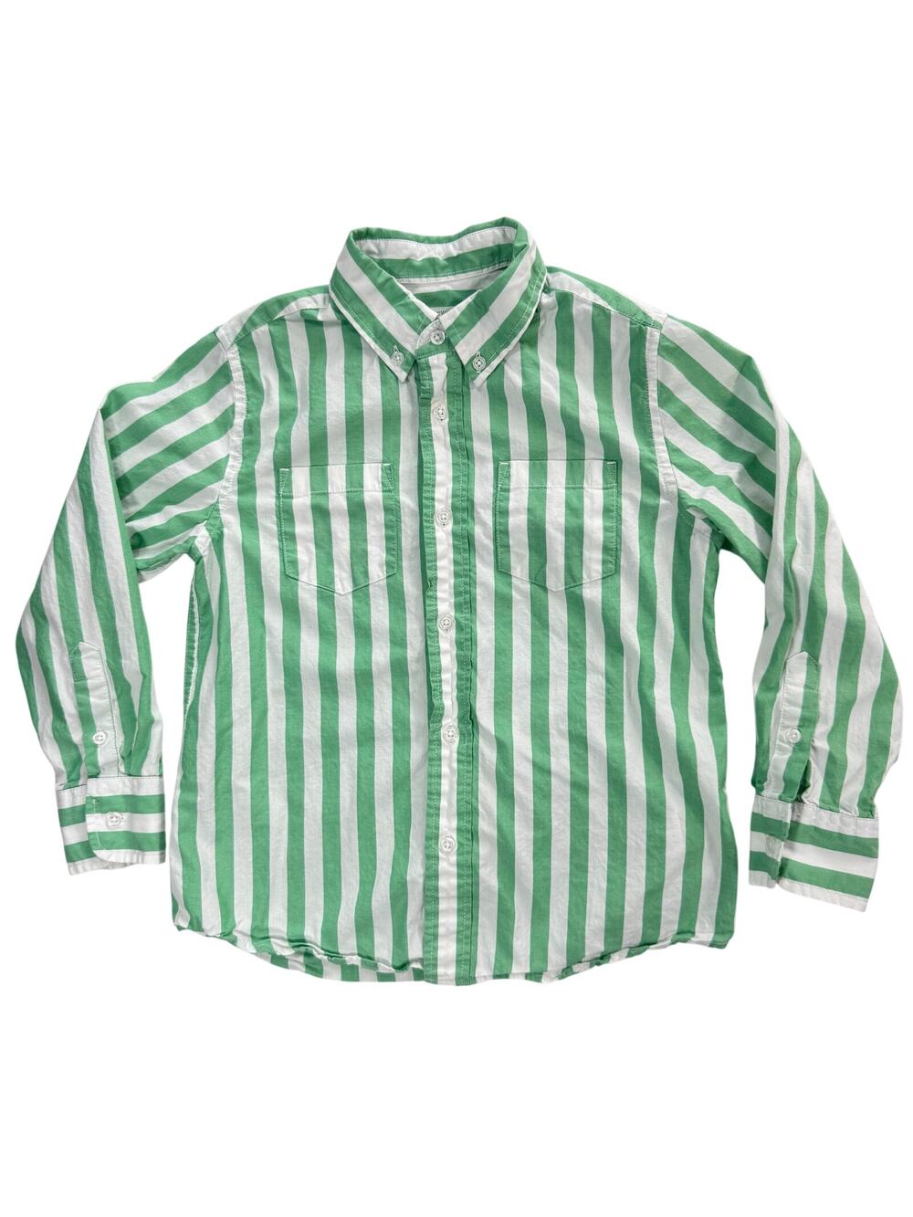 J.Crew Crewcuts Boys 6-7 Button-Down Shirt Green White Striped 100% Cotton